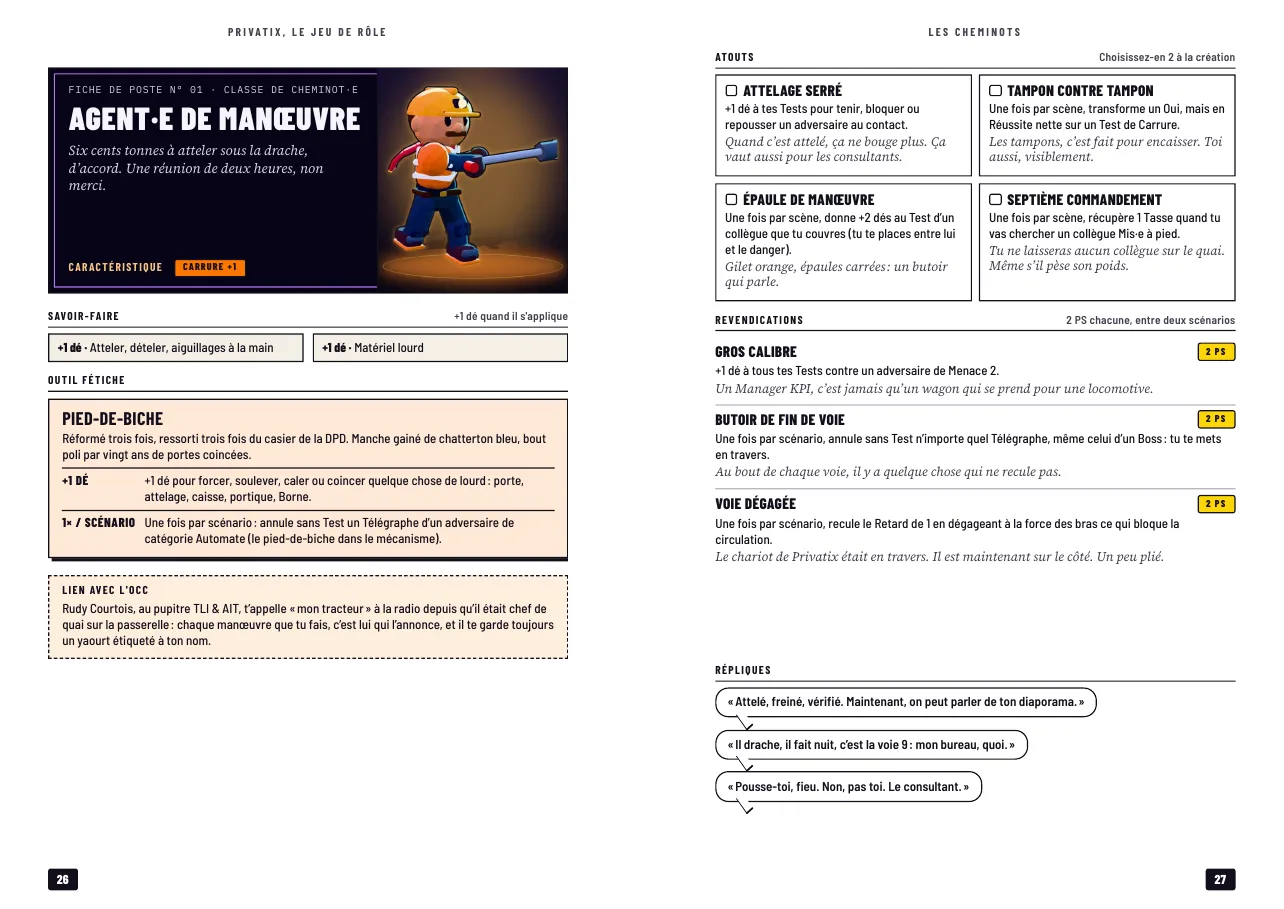 Double page de la classe Agent·e de manœuvre : portrait en casque et gilet orange, savoir-faire, outil fétiche (le pied-de-biche), atouts, revendications et répliques.